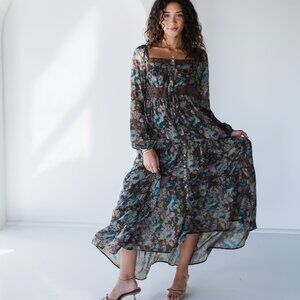Boho Floral Maxi Dress Long Sleeve Cottagecore Tiered Maxi Dress NWT